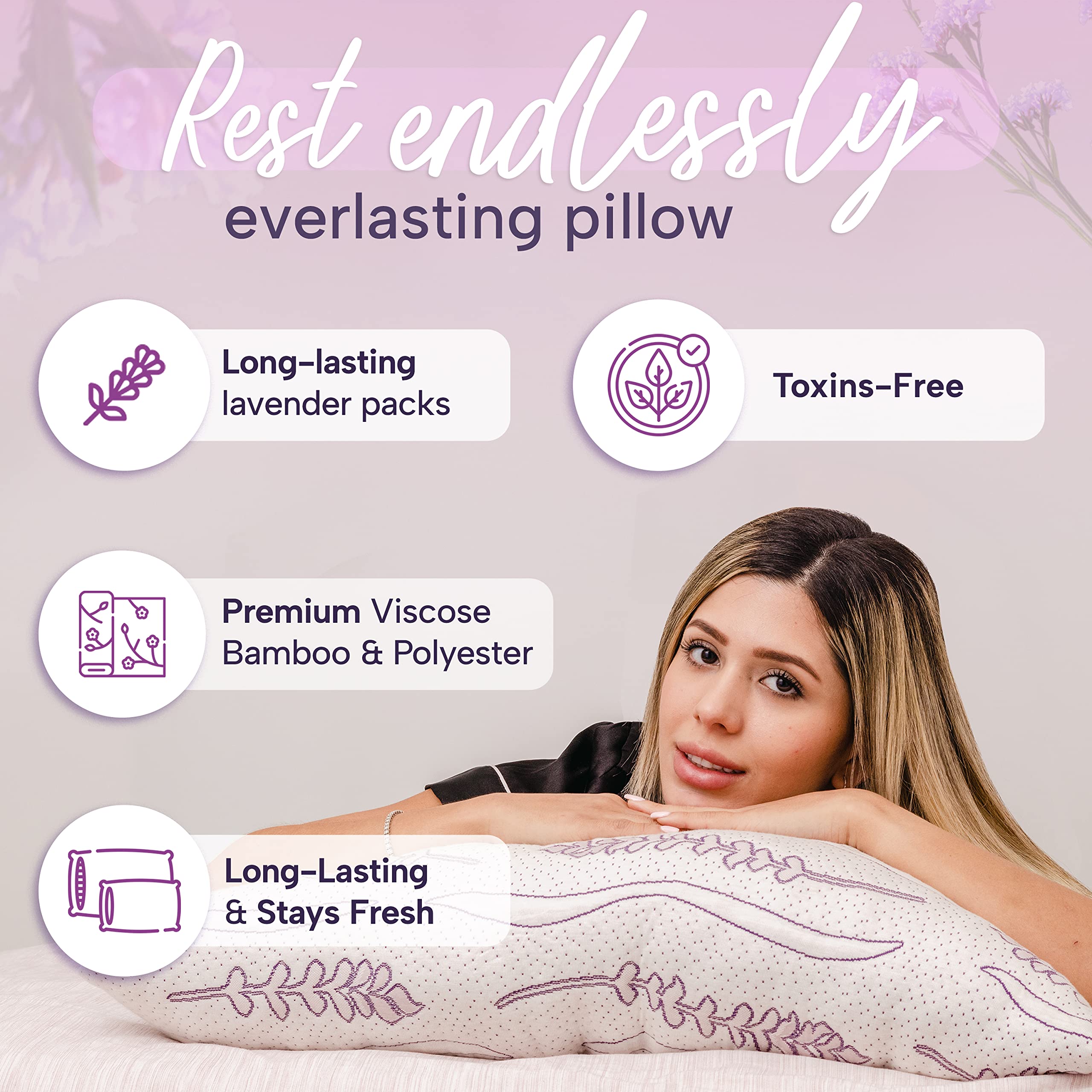 Lavender Luxury Pillow. Shredded Memory Foam Pillow with Organic Lavender Leaf Packets. CertiPur-US.